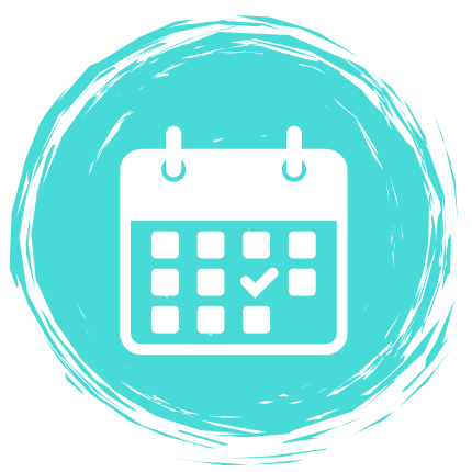Ein türkiser Kreis mit einem Kalender in der Mitte.